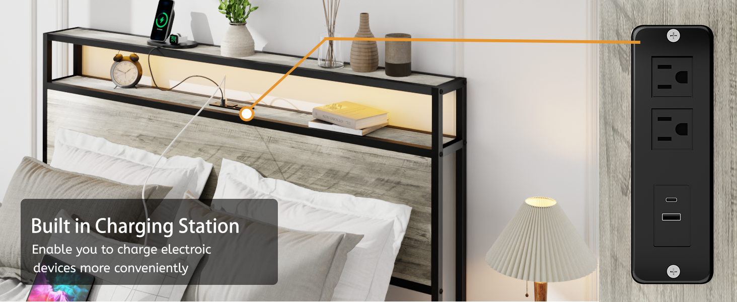 Queen Size Bed Frame With 4 Storage Drawers And 2 Usb Ports, Upholstered Platform Bed Frame With Storage Headboard Charging Station And Metal Slat Support, No Box Spring Needed, Dark Grey. Box Spring Not Required Queen Dark Grey Metal Bedroom Bed Frame