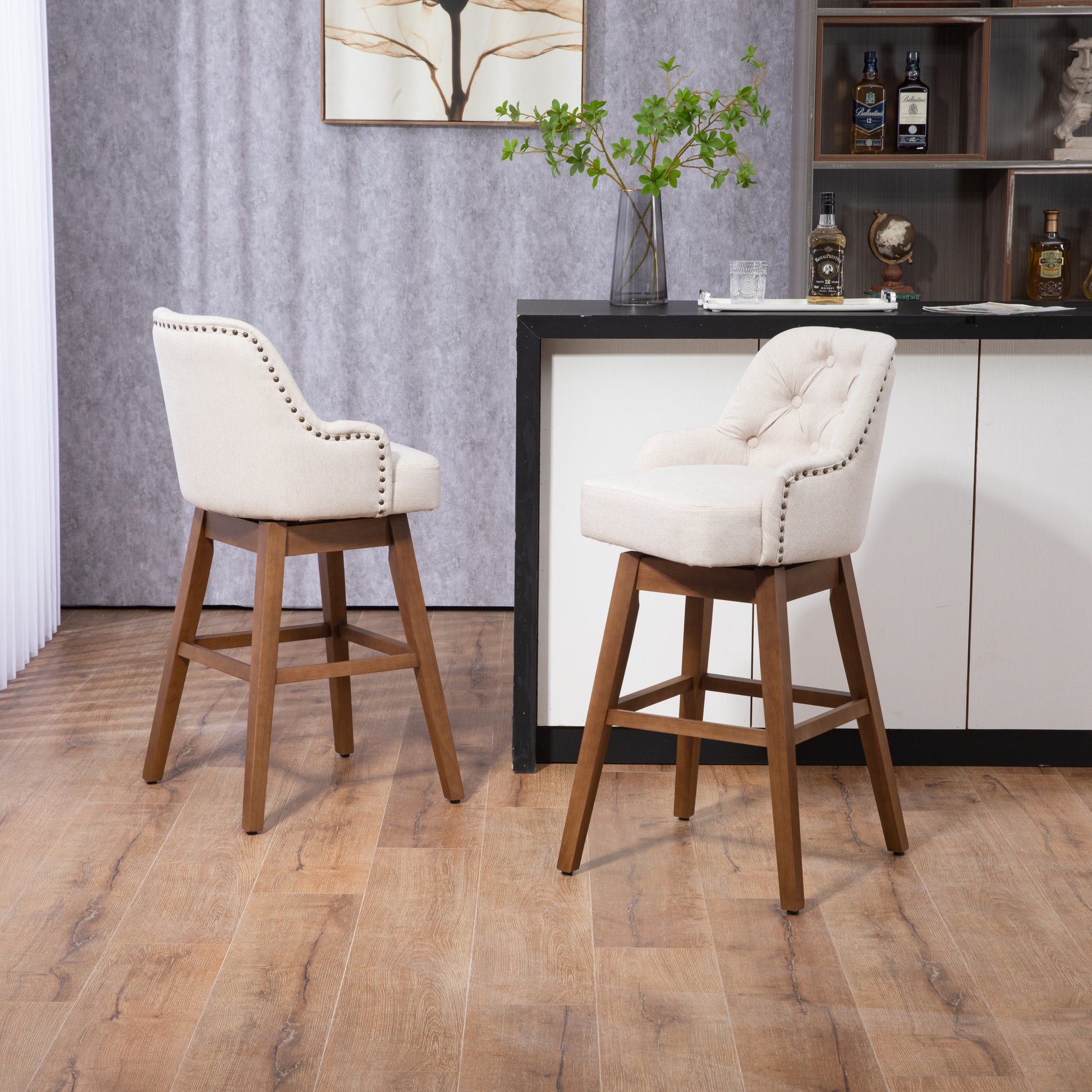 Coolmore Bar Stools Set Of 2 Counter Height Chairs With Footrest For Kitchen, Dining Room And 360 Degree Solid Wood Legs Swivel Bar Stools Set Of 2 Beige Linen Beige Foam Linen