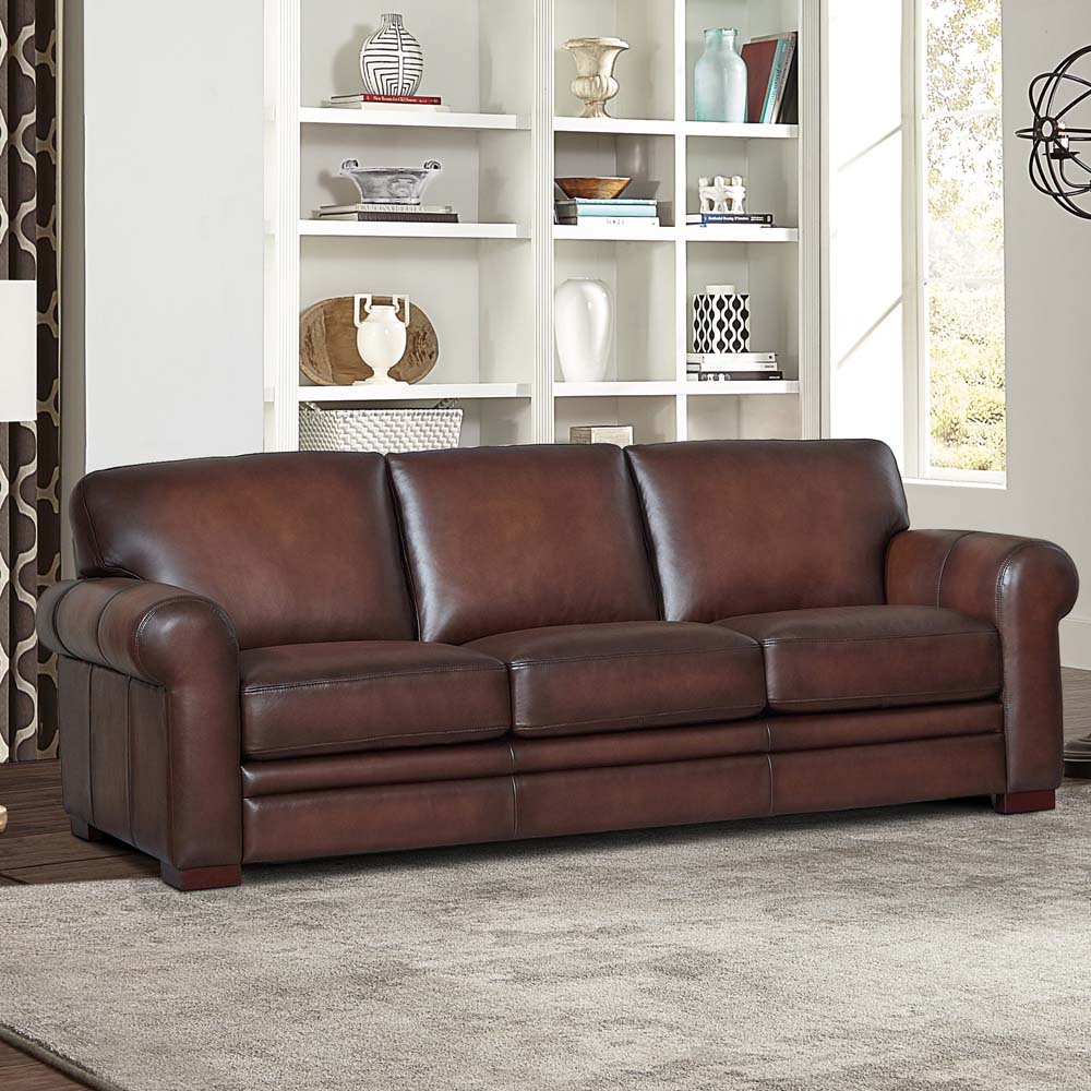 Brookfield Top Grain Leather Sofa Couch Caramel Genuine Leather Wood Primary Living Space Medium Firm Cushion Back Mid Century Modern Eucalyptus Rolled Arms Down Filling Leather 3 Seat