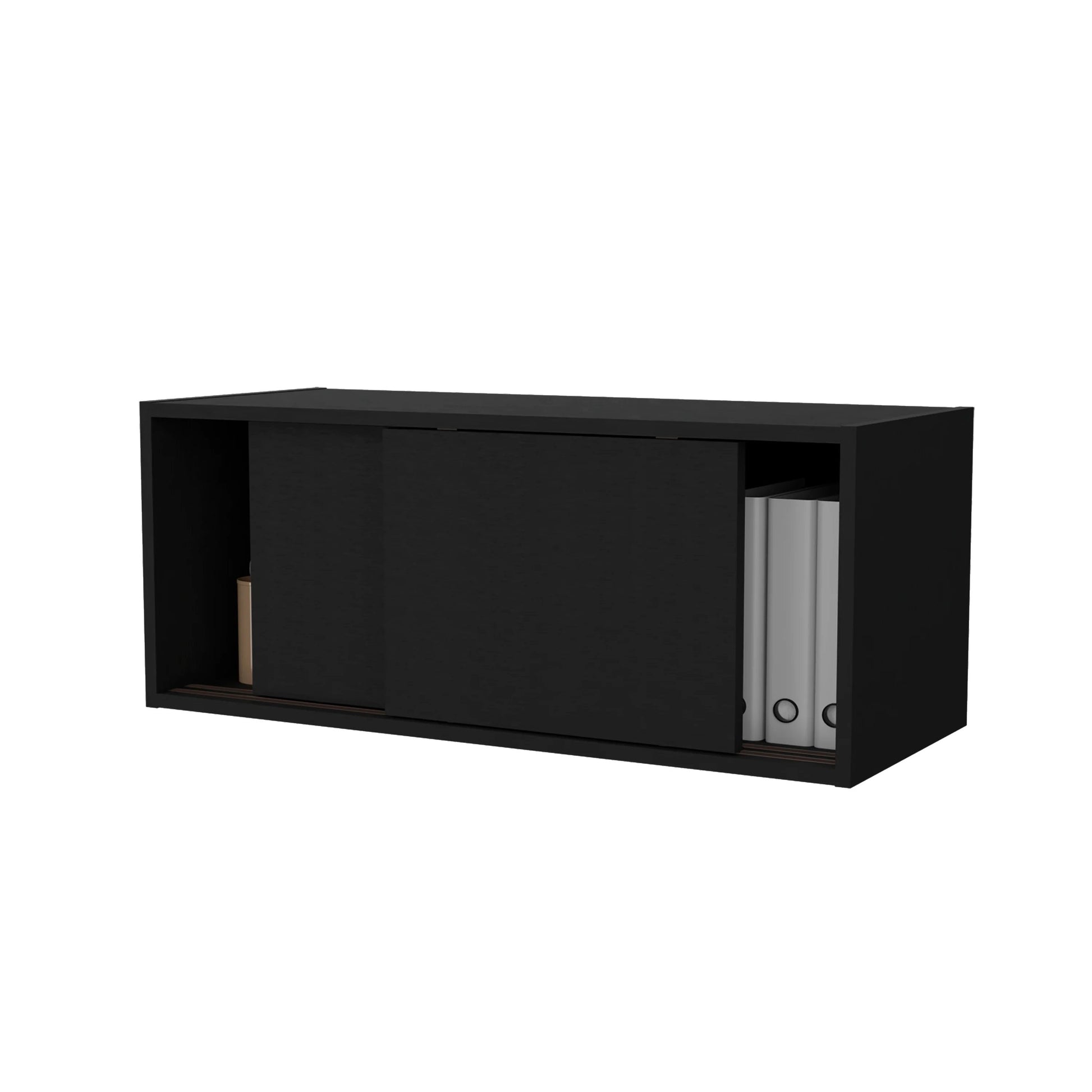 Black Floating Cabinet With Sliding Door Wall Mounted 1 2 Shelves Black Primary Living Space Sliding Doors Modern Particle Board