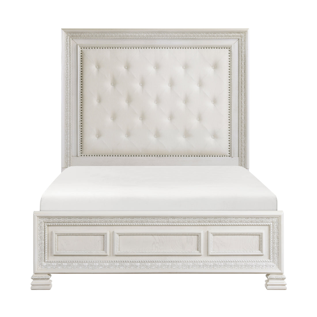 Classic Luxury Pearl White Finish King Bed Button Tufted Upholstered Headboard Bedroom Furniture 1Pc, Dart Molding Design Panels Box Spring Required King White Wood Bedroom Bed Frame Polyester Wood