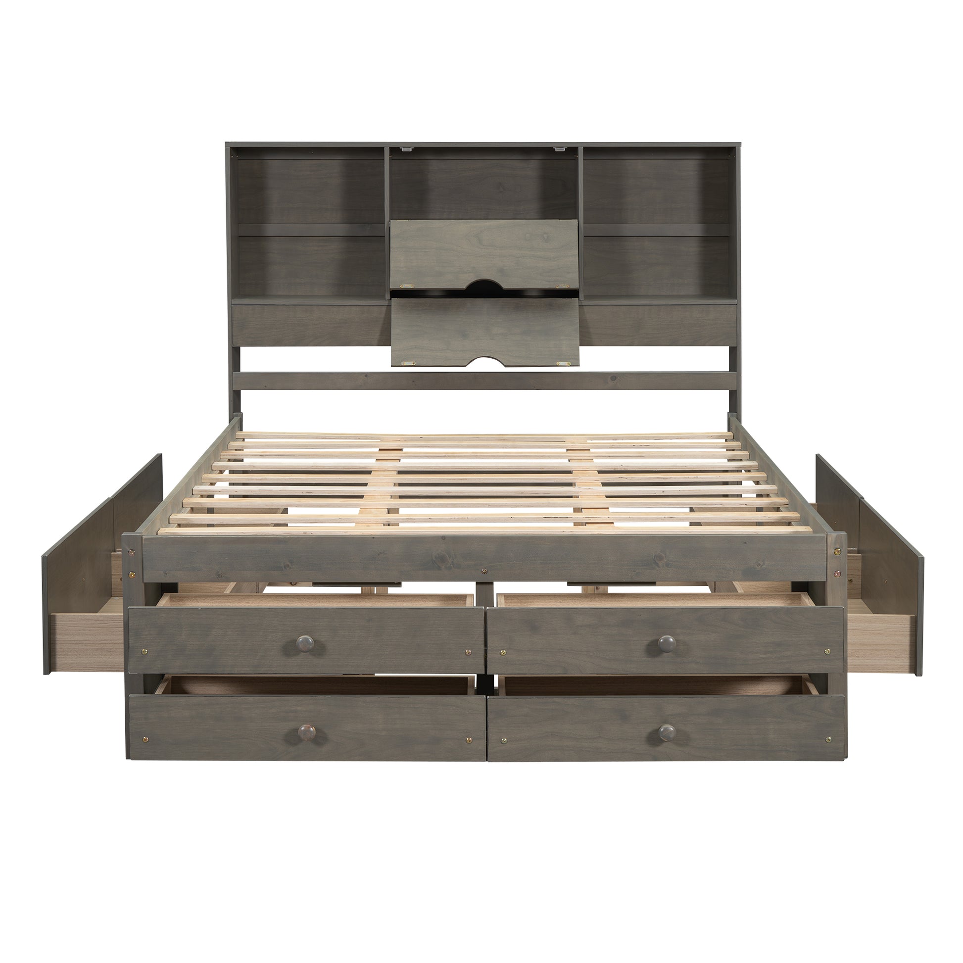 Queen Size Platform Bed With Storage Headboard And 8 Drawers, Gray Box Spring Not Required Queen Gray Wood Bedroom Bed Frame Solid Wood Mdf