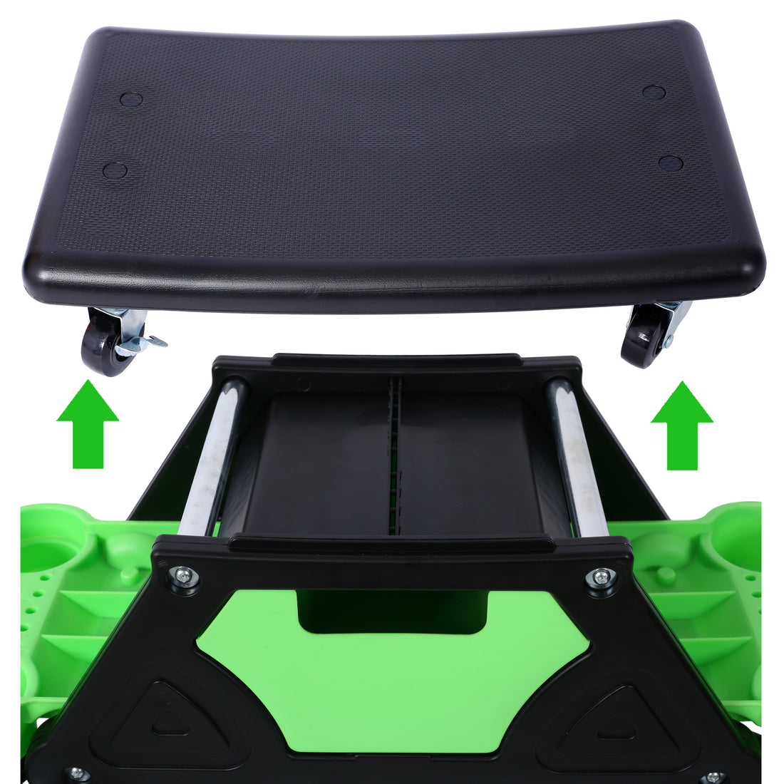 Rolling Detailing Creeper Seat, Roller Mechanic Detailing Utility Seat, Rolling Mechanic Stool With Wheels, Removable Tool Trays Drawer, 300 Lbs Capacity For General Garage Use, And Home Use Green