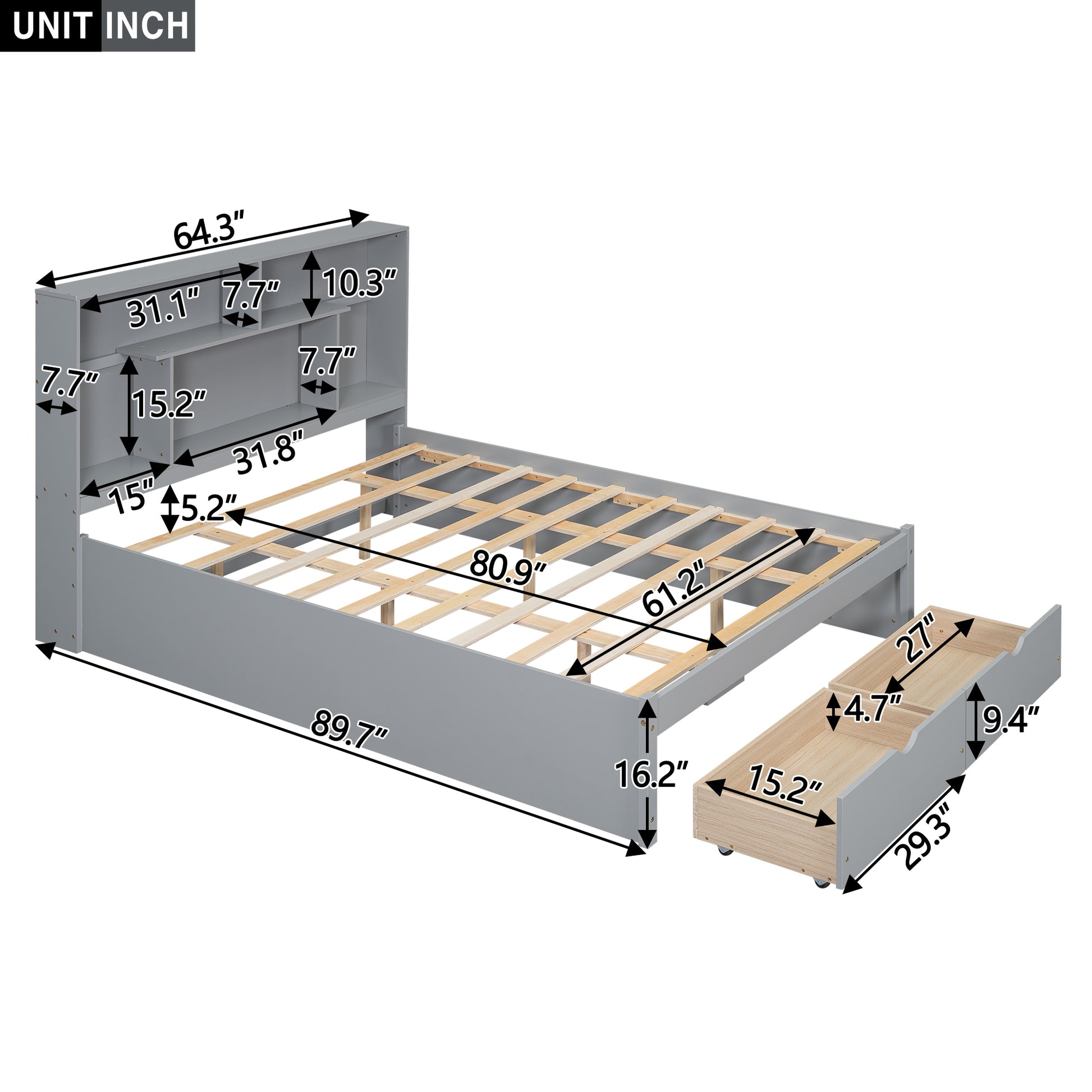 Queen Size Platform Bed With Storage Headboard And 2 Drawers, Gray Box Spring Not Required Queen Gray Wood Bedroom Bed Frame Solid Wood Mdf