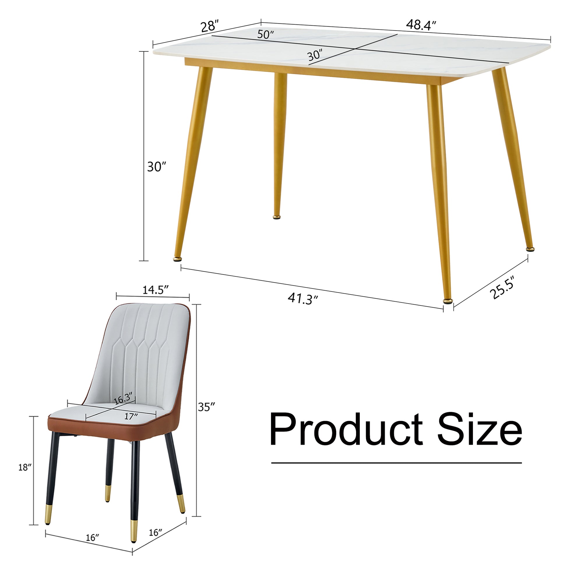 Table And Chair Set.A Morden Table With White Imitation Marble Patterned Stone Burning Tabletop With Golden Metal Legs.Paried With 4 Chairs With Pu Leather Backrest And Black Metal Legs. Grey Brown,White Gold Seats 4 Metal,Sintered Stone