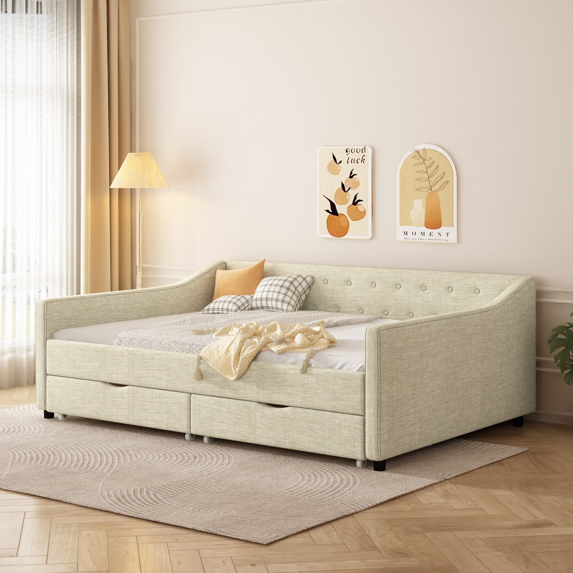 Full Size Daybed With Drawers Upholstered Tufted Sofa Bed, With Button On Back And Piping On Waved Shape Arms Beige Full Beige Wood Fabric