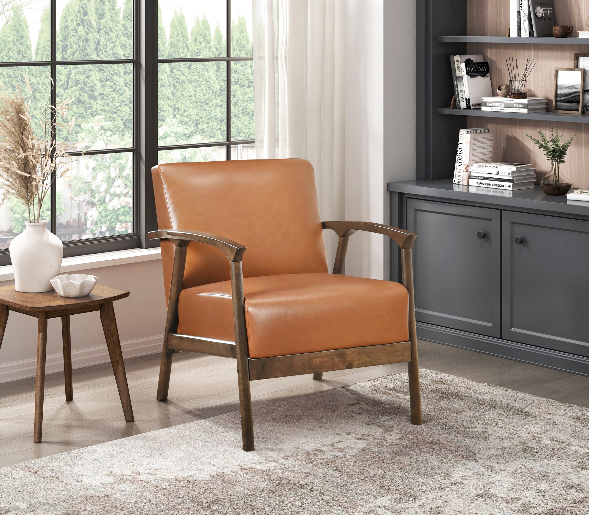 Brown Faux Leather Upholstered Accent Chair 1Pc Seat Cushion Solid Rubberwood Frame Living Room Furniture Brown Primary Living Space Rubberwood Solid Wood