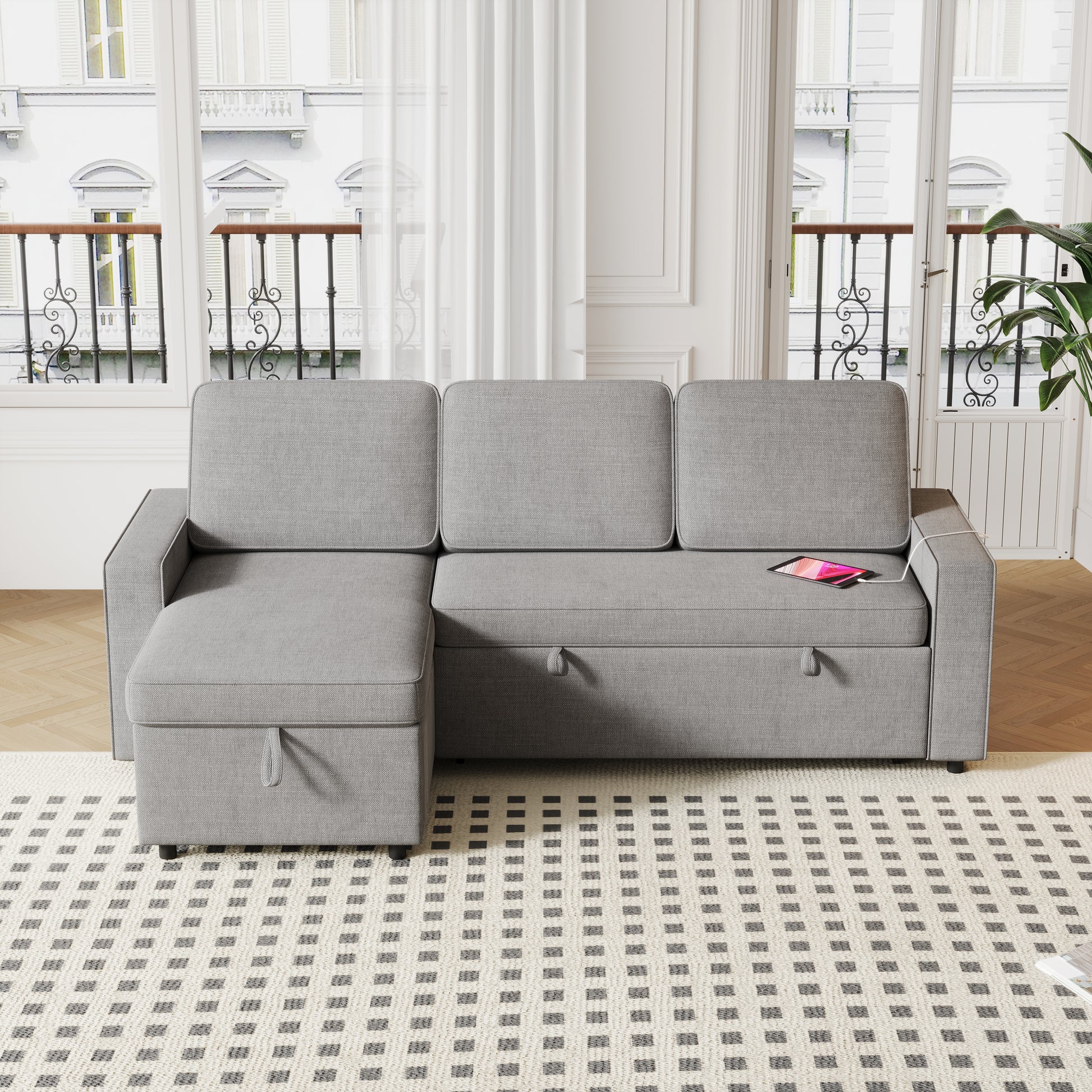 85.8" Pull Out Sleeper Sofa L Shaped Couch Convertible Sofa Bed With Storage Chaise And Storage Racks,With Usb Port And T Pyce Port Dark Grey Fabric 3 Seat