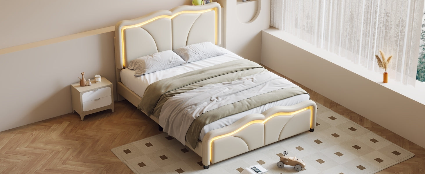 Full Size Upholstered Platform Bed With Curve Shaped And Height Adjustbale Headboard,Led Light Strips,White Full White Upholstered