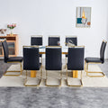 Table And Chair Set.Large Modern Rectangular Table With 0.4 Inch Patterned Glass Tabletop And Large Mdf Table Legs.Comes With 8 Chairs With Faux Leather Cushioned Seats And Golden Metal Legs. Gold White Seats 8 Mdf Glass
