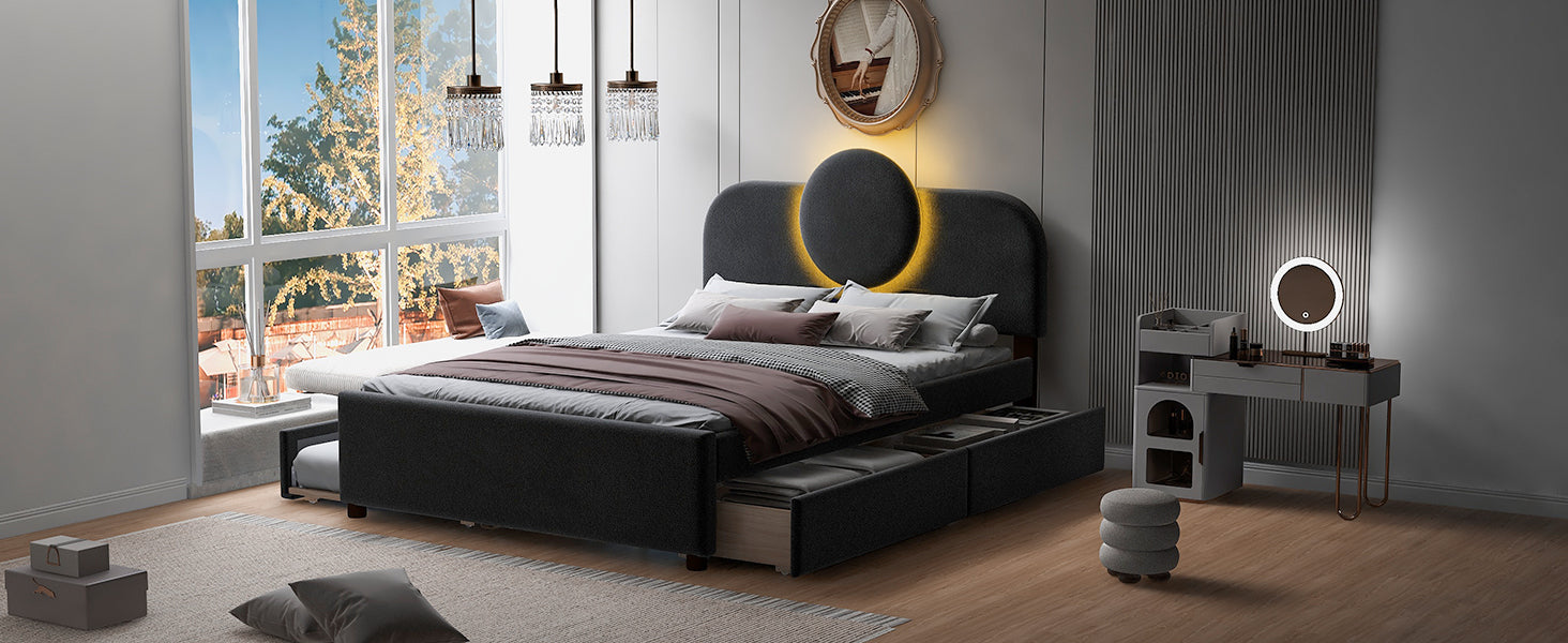 Full Size Upholstered Platform Bed With Multi Functional Led Headboard, Trundle And 2 Drawers, Gray Box Spring Not Required Full Gray Wood Bedroom Upholstered