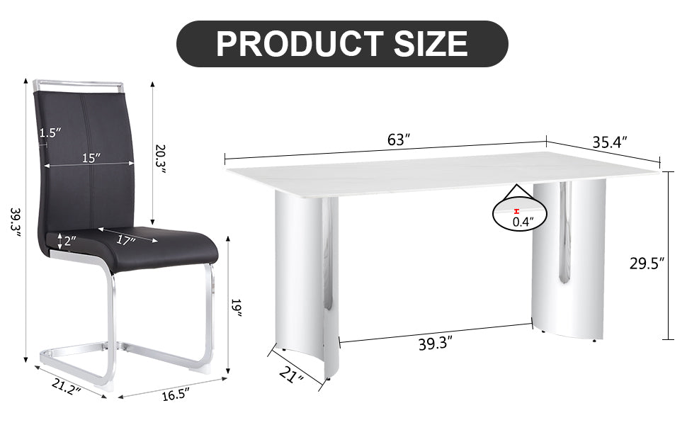 Modern Minimalist Dining Table. Imitation Marble Glass Sticker Desktop, Stainless Steel Legs, Stable And Beautiful. 4 Black Pu Seats. 63 "* 35.4" * 29.5 "Dt 69 C 1162 Silver Glass