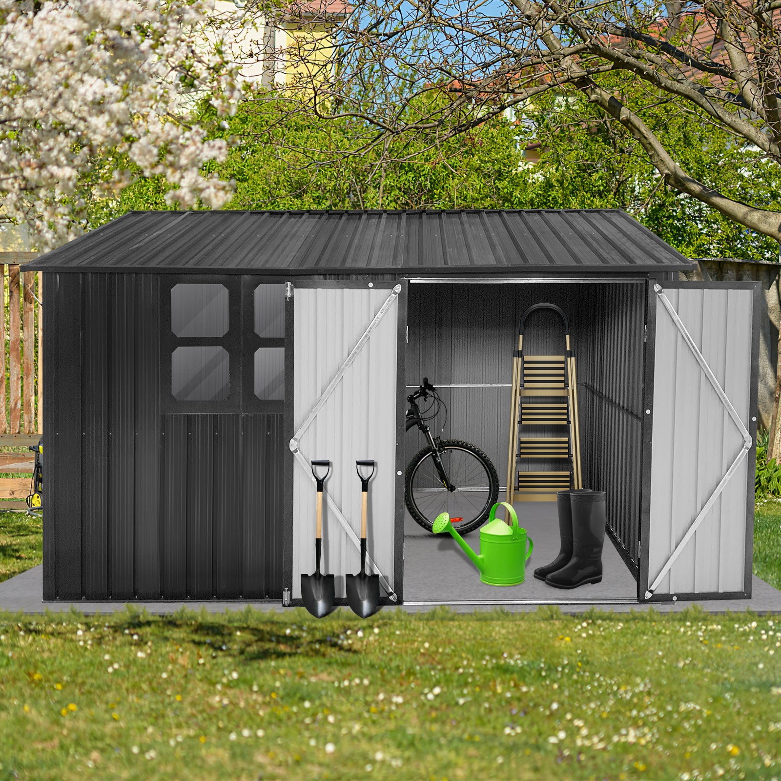Metal Garden Sheds 10Ftx8Ft Outdoor Dark Grey With Window Dark Gray Metal
