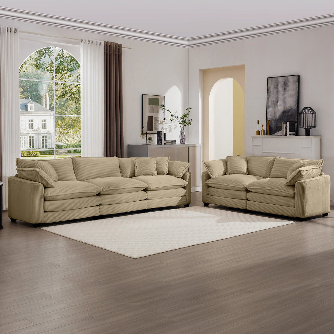 Modern Fabric Living Room Sofa Two Piece Set, Two 2 Seater Sofas With 8 Cushion Upholstery Large Deep Seat Recliner, Tan Corduroy Fabric Tan Corduroy 5 Seat