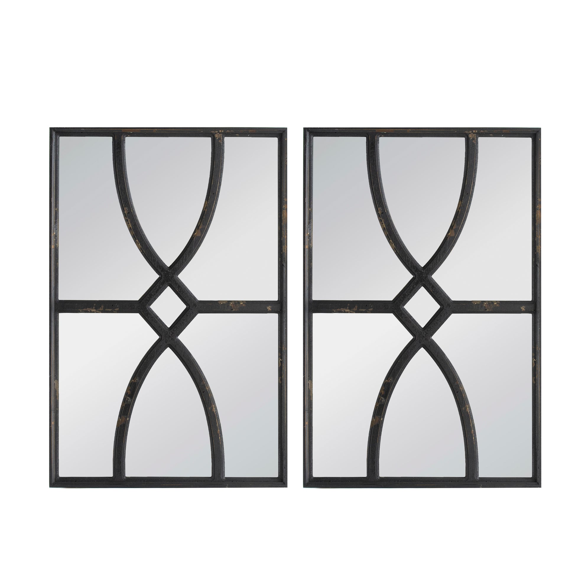 Tio 24 Inch Fir Wood Wall Mirror Set Of 2, Geometric Overlaid Design, Black Black Wood