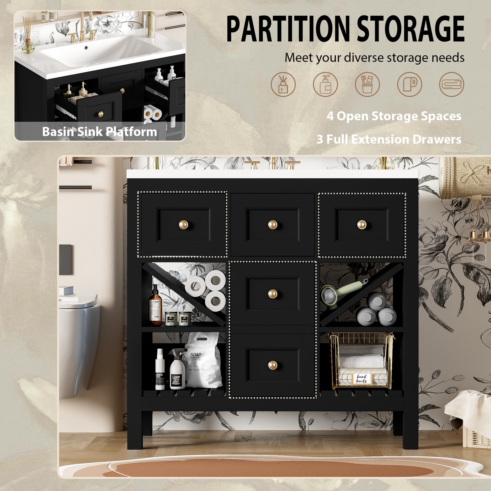 36'' Bathroom Vanity With Resin Sink Combo, Solid Wood Frame Bathroom Storage Cabinet, Freestanding Vanity Set With 5 Drawers& Soft Closing Doors Same As Sw000141Aab Black Bathroom Solid Wood Mdf Resin