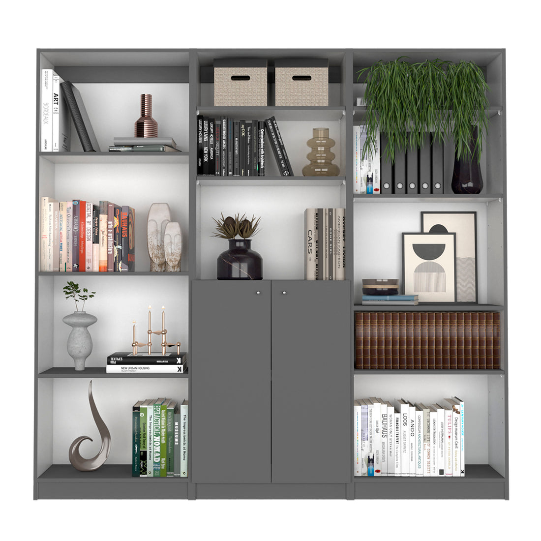 Aynor 3 Piece Home Bookcase Set, 74" Wide With 12 Shelves And 2 Door Cabinetliving Room Set Matt Gray White Multicolor Office Modern Particle Board