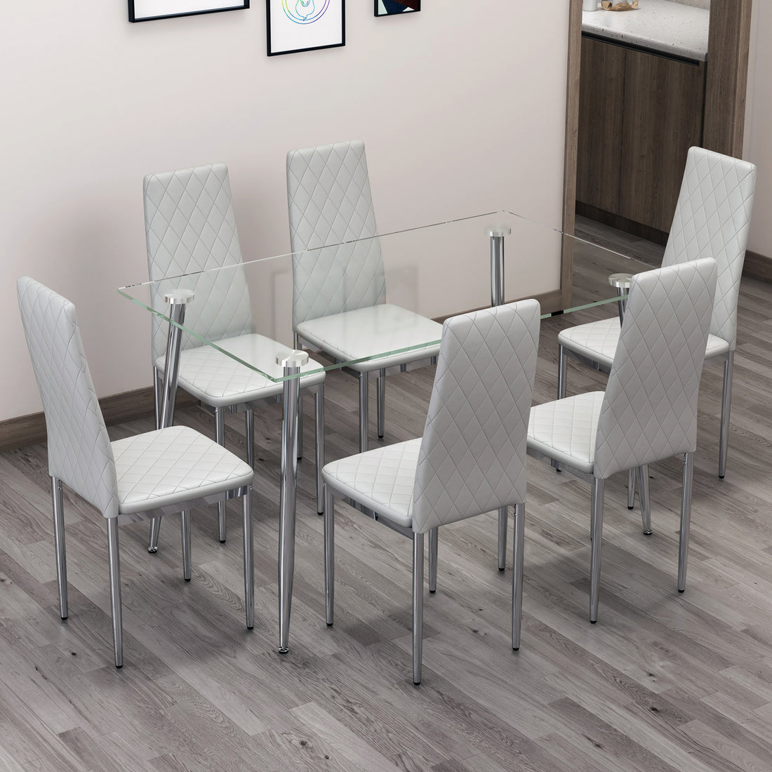 Table And Chair Set.Rectangular Dining Table With Tempered Glass Tabletop And Silver Plating Metal Legs.Paired With 6 Checkered Armless High Back Light Gray Chairs With Electroplated Metal Legs. Transparent Seats 6 Glass Metal