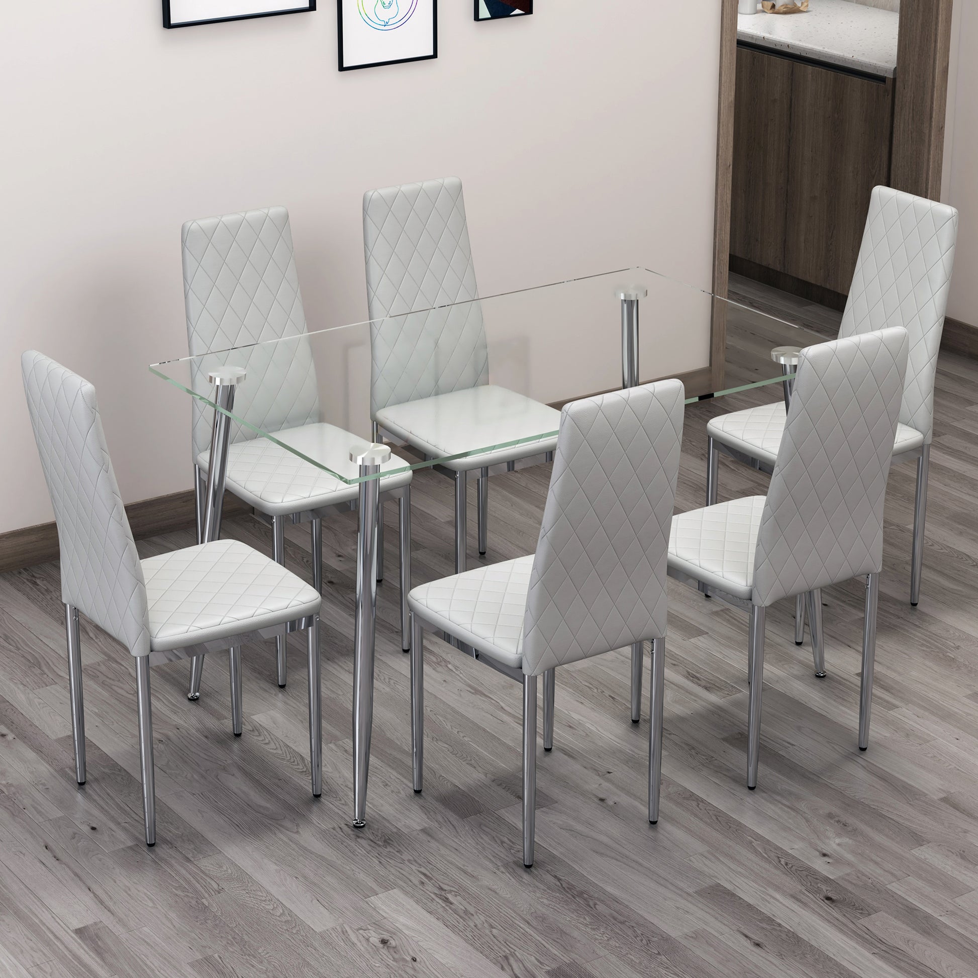 Table And Chair Set.Rectangular Dining Table With Tempered Glass Tabletop And Silver Plating Metal Legs.Paired With 6 Checkered Armless High Back Light Gray Chairs With Electroplated Metal Legs. Transparent Seats 6 Glass Metal