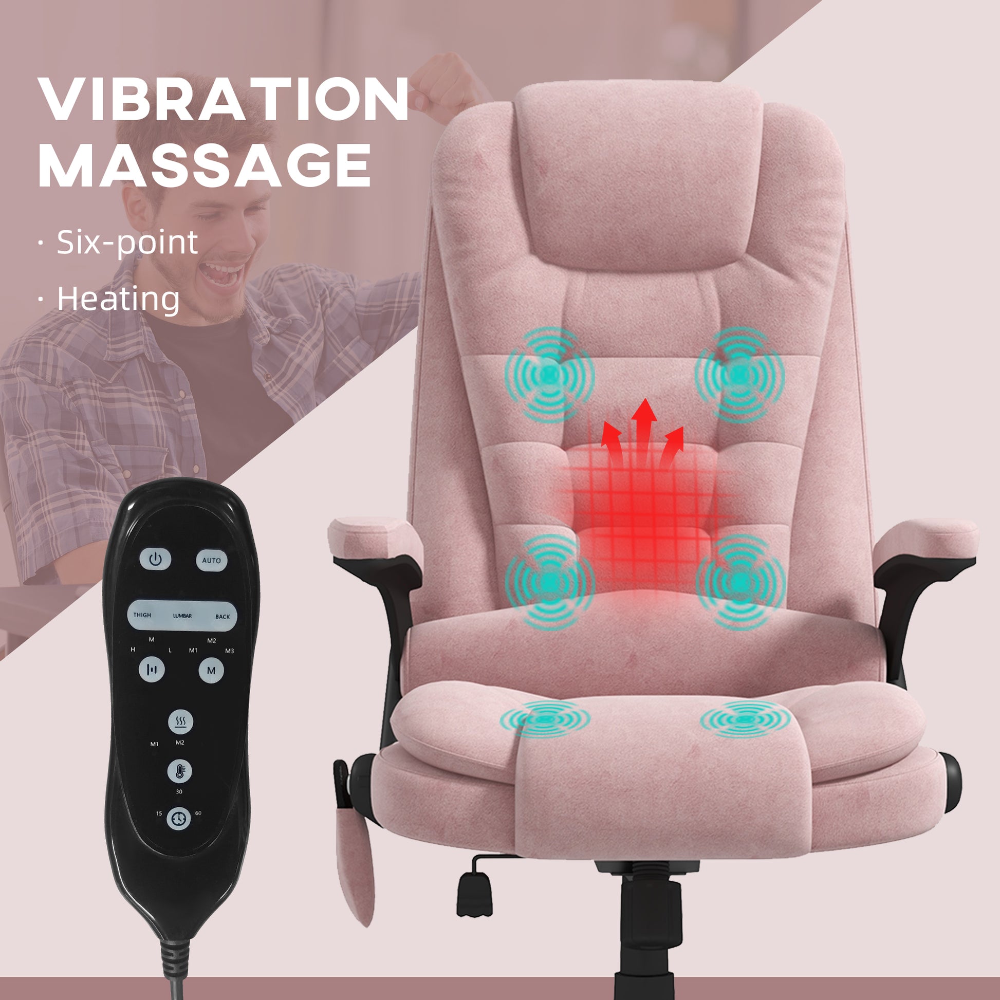 Homcom 6 Point Vibrating Massage Office Chair With Heat, Velvet High Back Executive Office Chair With Reclining Backrest, Padded Armrests And Remote, Pink Pink Polyester