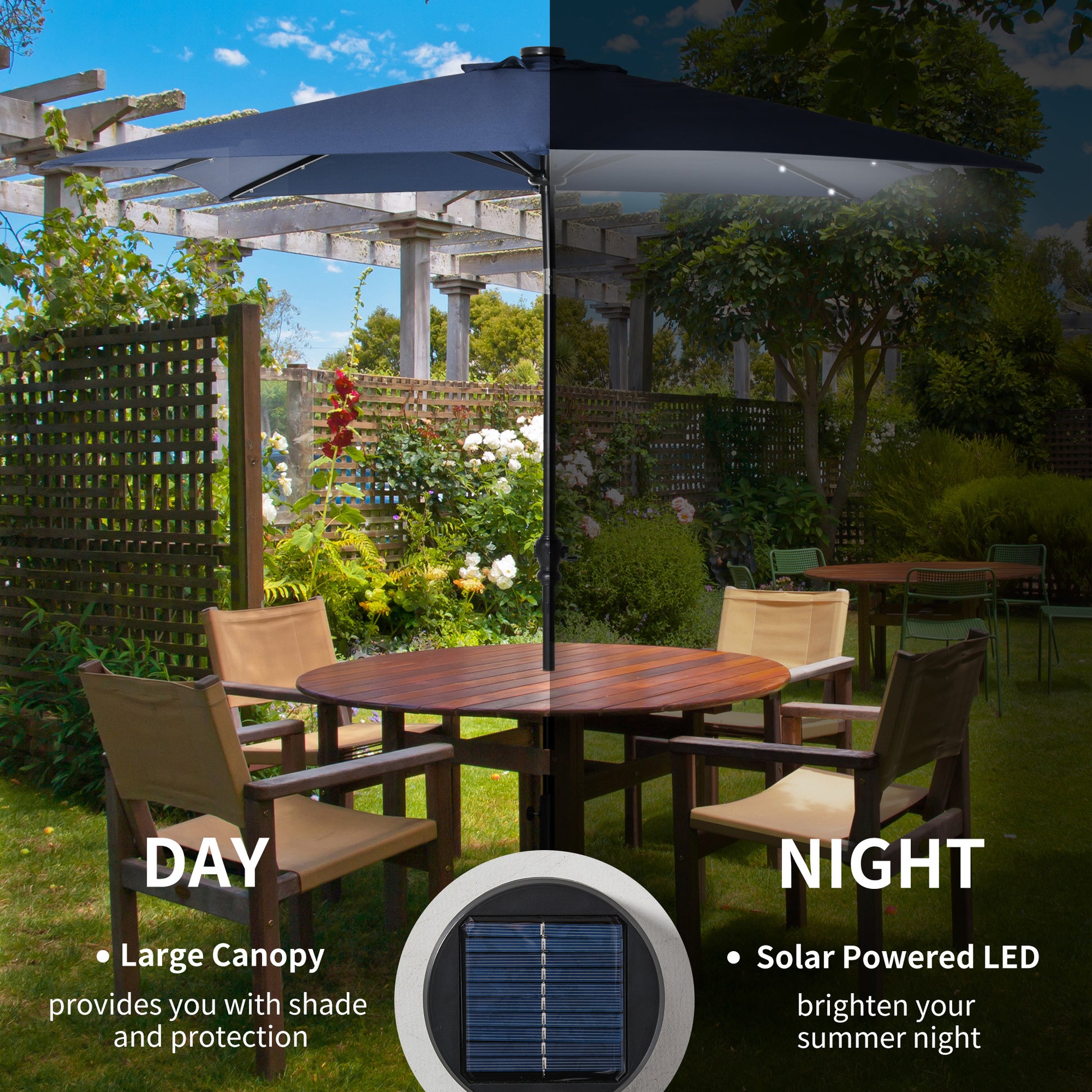 Outsunny 9' X 7' Solar Umbrella, Led Lighted Patio Umbrella For Table Or Base With Tilt & Crank, Outdoor Umbrella For Garden, Deck, Backyard, Pool, Beach, Blue Blue Steel
