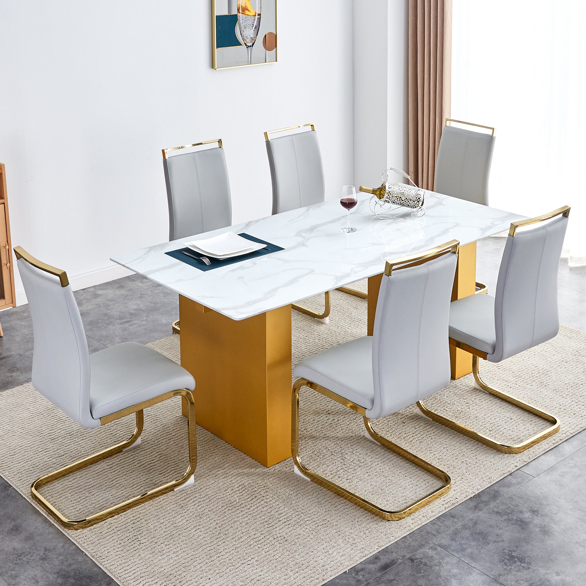 Table And Chair Set.Large Modern Rectangular Table With 0.4 Inch Patterned Glass Tabletop And Large Mdf Table Legs.Comes With 6 Chairs With Faux Leather Cushioned Seats And Golden Metal Legs. Gold White Seats 6 Mdf Glass