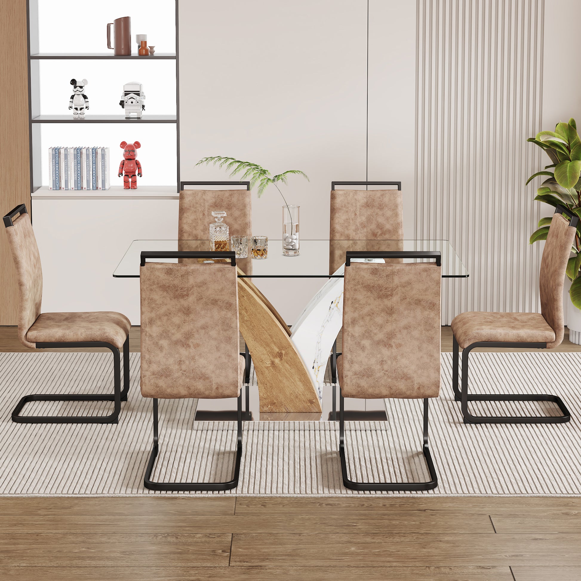 Table And Chair Set.Modern Dining Table, Tempered Glass Countertop With Artistic Mdf Legs.Paried With 6 Comfortable Chairs With Pu Seats And Metal Legs. Suitable For Various Decoration Styles. Black Brown,Transparent Seats 6 Mdf Metal