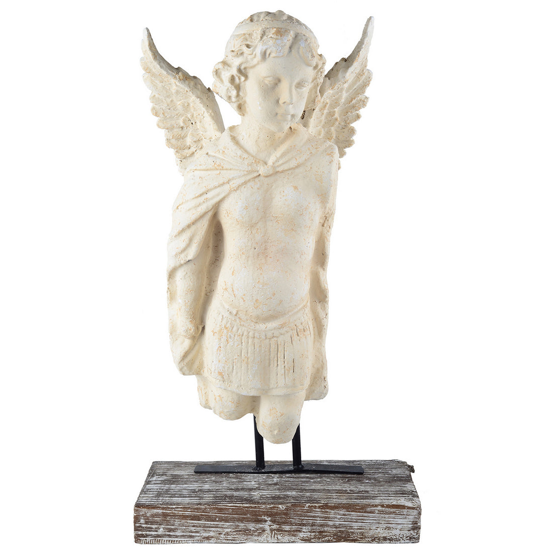 Magnesia And Metal Garden Angel Bust On A Wooden Pedestal, Beige Beige Magnesium Oxide