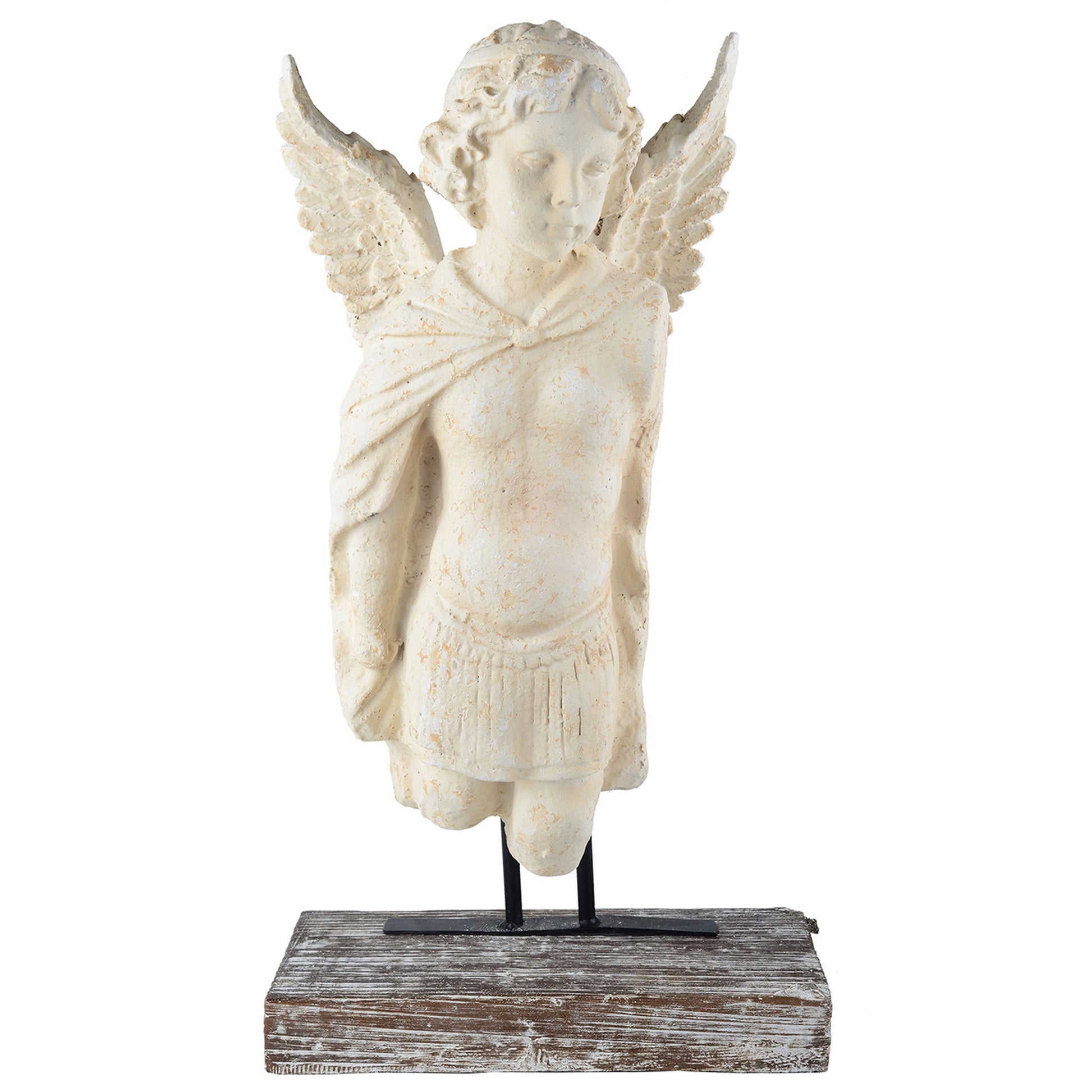 Magnesia And Metal Garden Angel Bust On A Wooden Pedestal, Beige Beige Magnesium Oxide