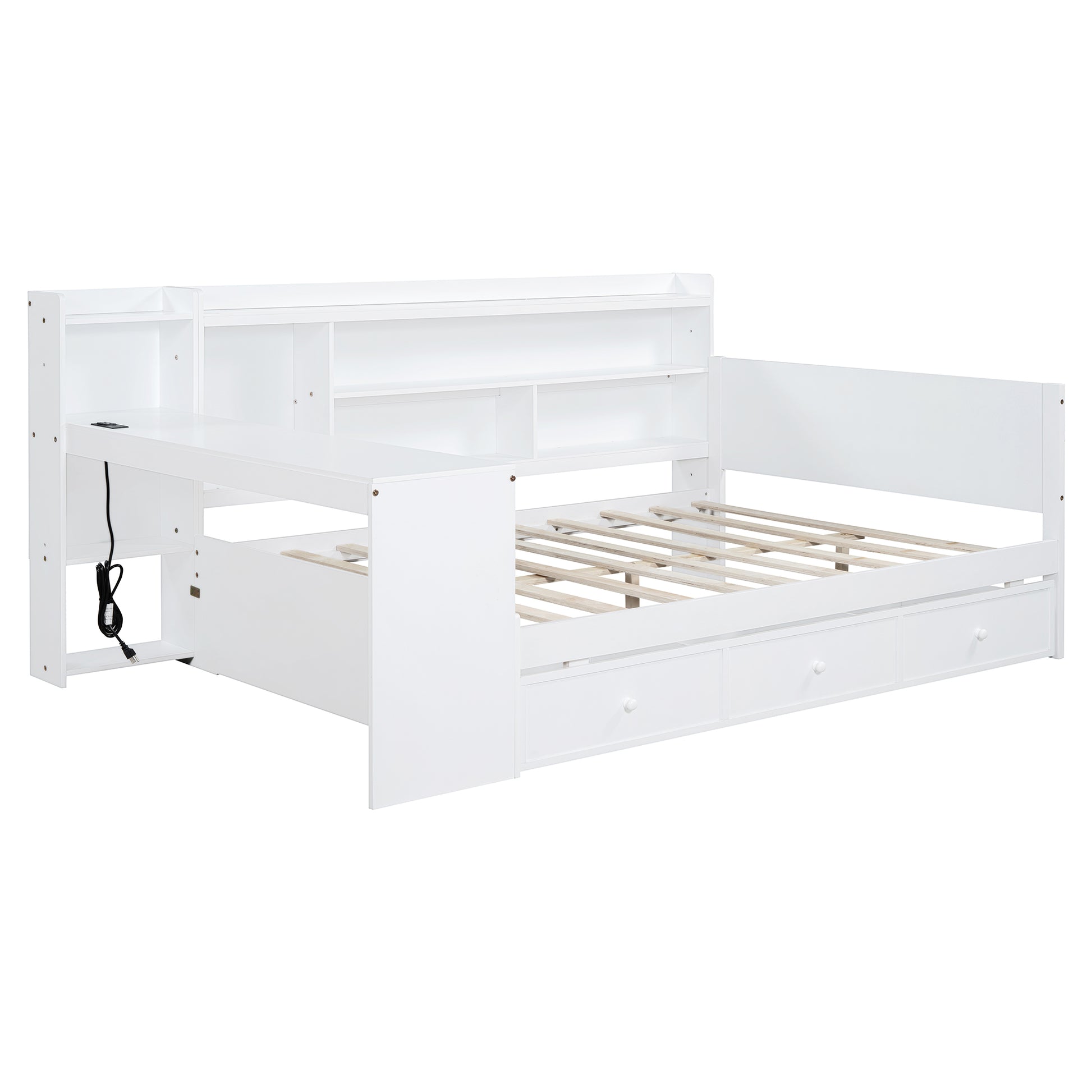 Full Size Wooden Daybed With 3 Drawers, Usb Ports And Desk ,White Full White Wood
