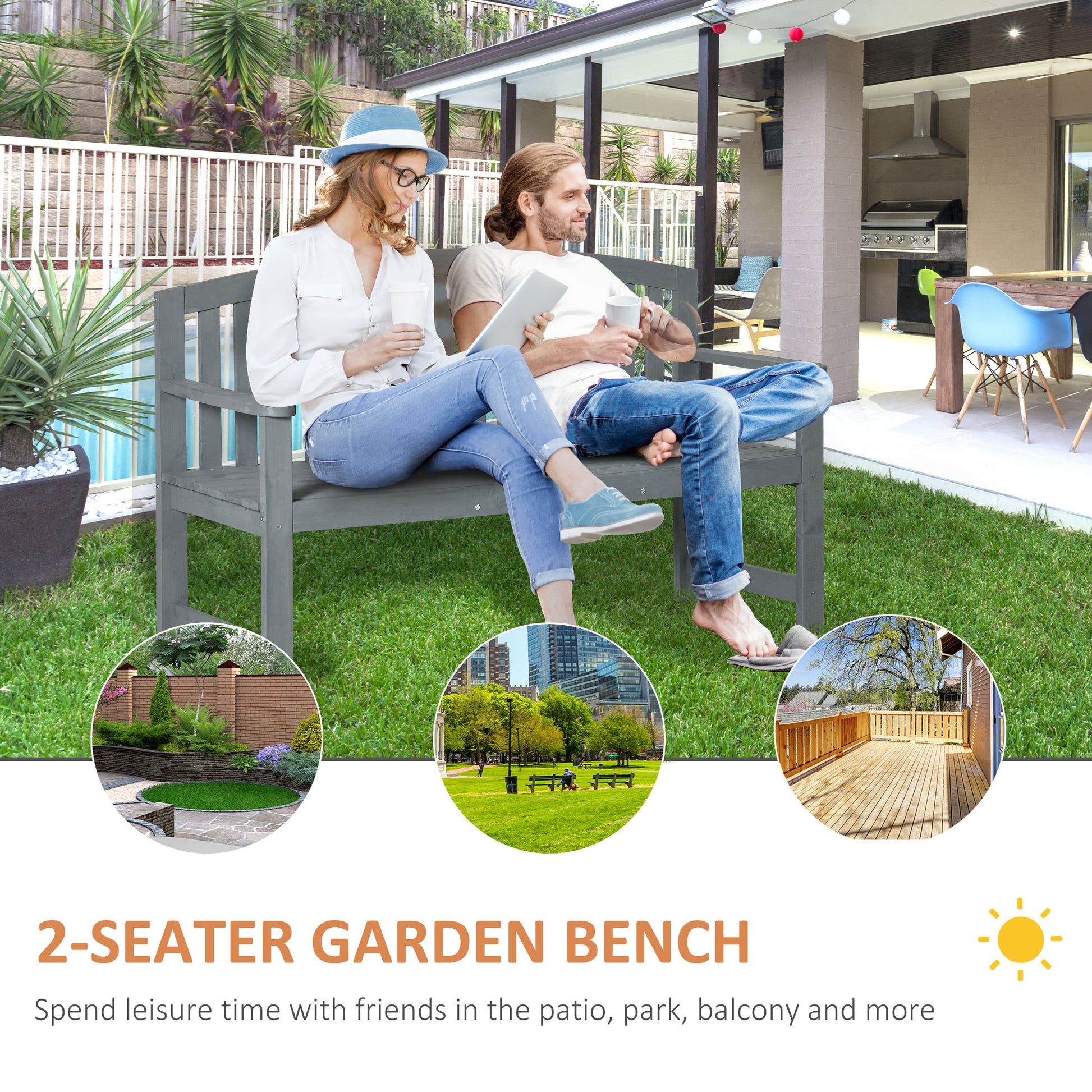 Outsunny 56" Outdoor Wood Bench, 2 Seater Garden Bench With Backrest And Armrest, Patio Bench For Patio, Porch, Poolside, Balcony, Gray Gray Wood