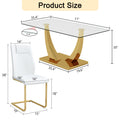 Table And Chair Set.Modern Rectangular Dining Table With Transparent Tempered Glass Tabletop And Gold Plated Metal Legs.Paried With 8 Comfortable Chairs With Pu Seats And Golden Metal Legs. Transparent,White Gold Seats 8 Glass Metal
