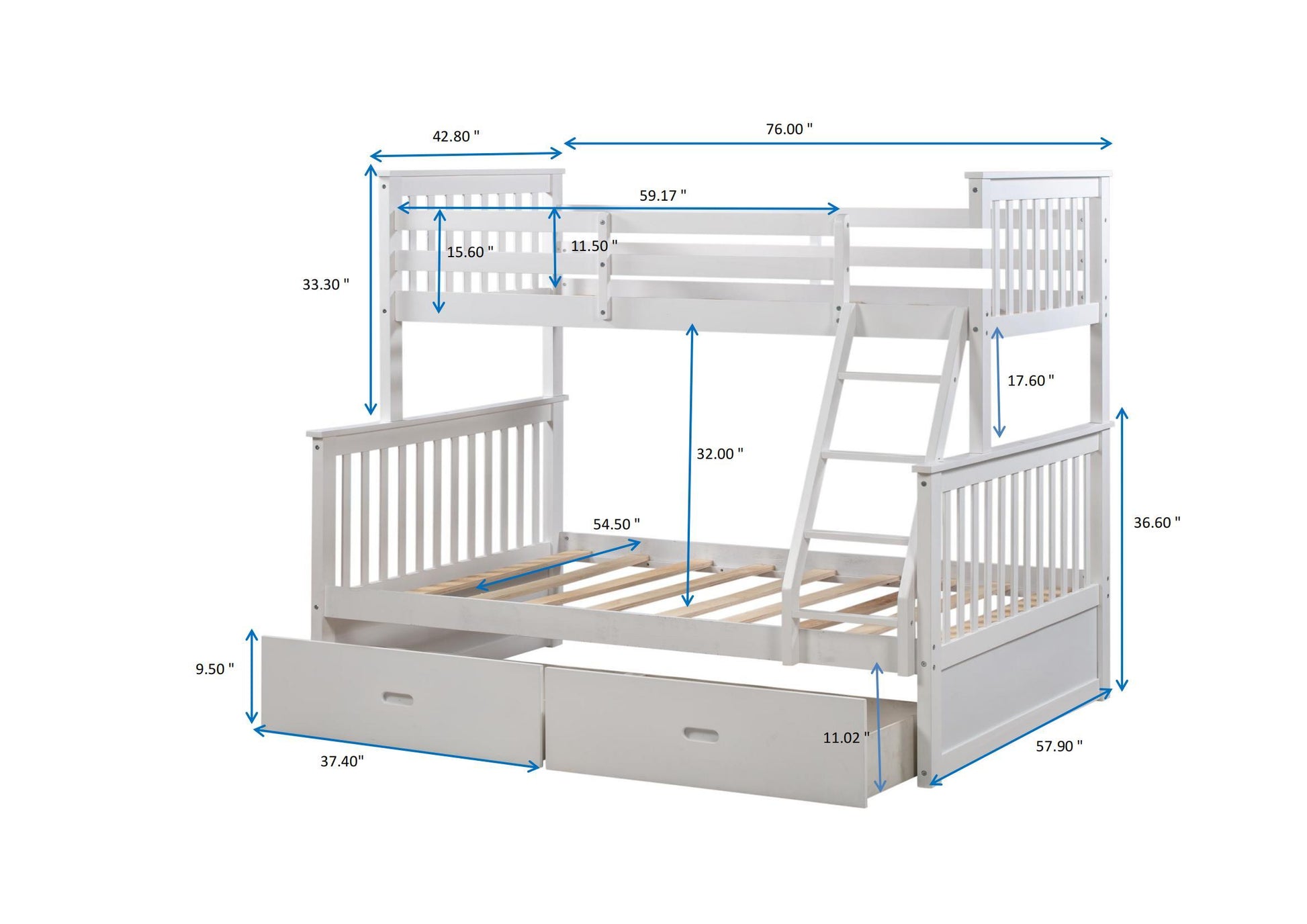 Twin Over Full Bunk Bed With Storage Drawers, Wooden Bunk Bed With Ladder And Safety Guard Rails White Full White Wood