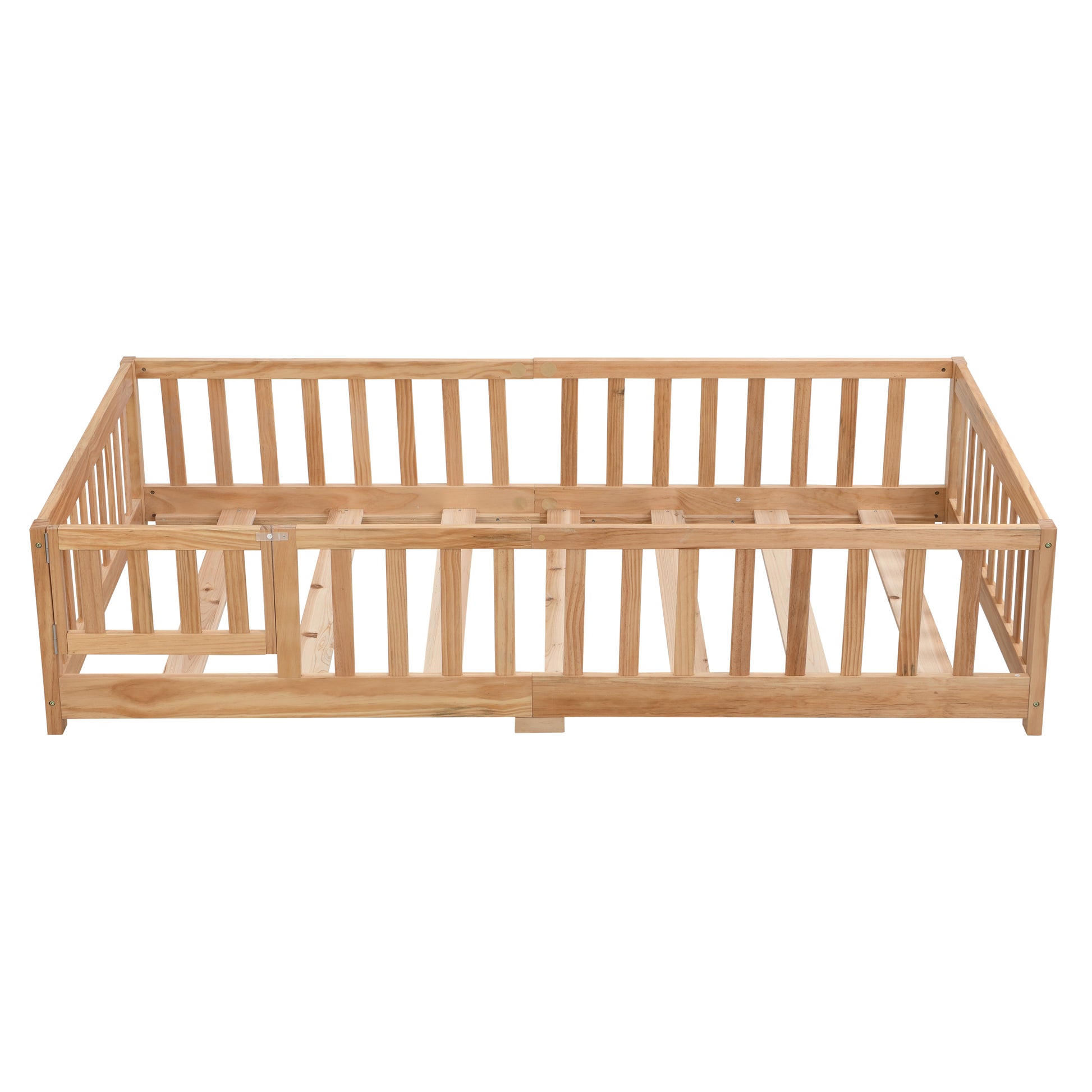 Queen Size Floor Bed With Door, Solid Wood Platform Bed Frame With Fencesuitable For Childrenpine Woodnatural Queen Natural Wood
