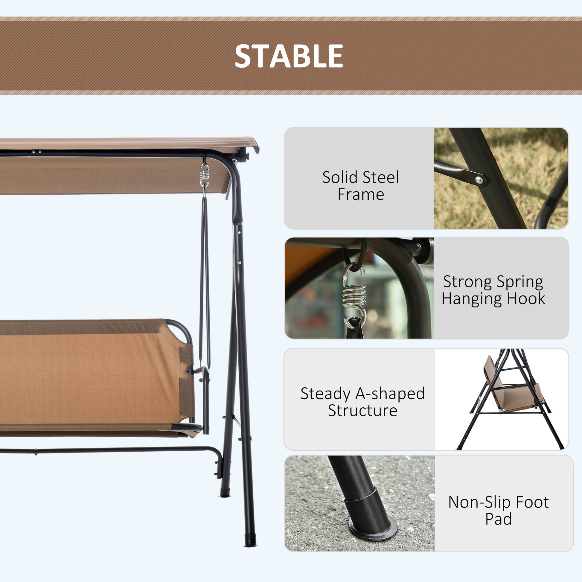 Outsunny 3 Person Porch Swing With Stand, Outdoor Swing For Patio Porch With Adjustable Tilt Canopy And Comfortable Swing Bench Style Seat, Steel Frame, Brown Brown Plastic