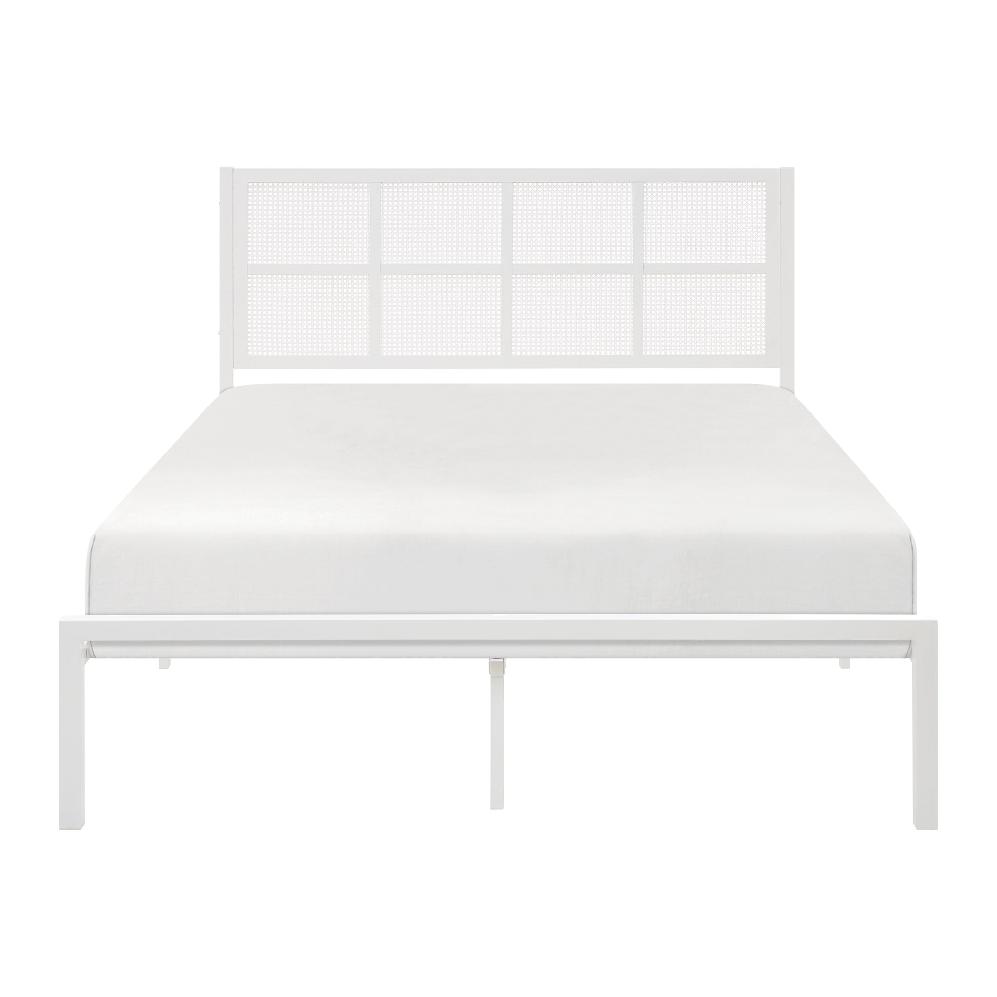 1Pc Full Platform Bed, Metal Frame White Finish Faux Cane Panel Headboard Casual Coastal Bedroom Furniture, Bed In A Box Box Spring Not Required Full White Metal Bedroom Casual,Coastal Metal