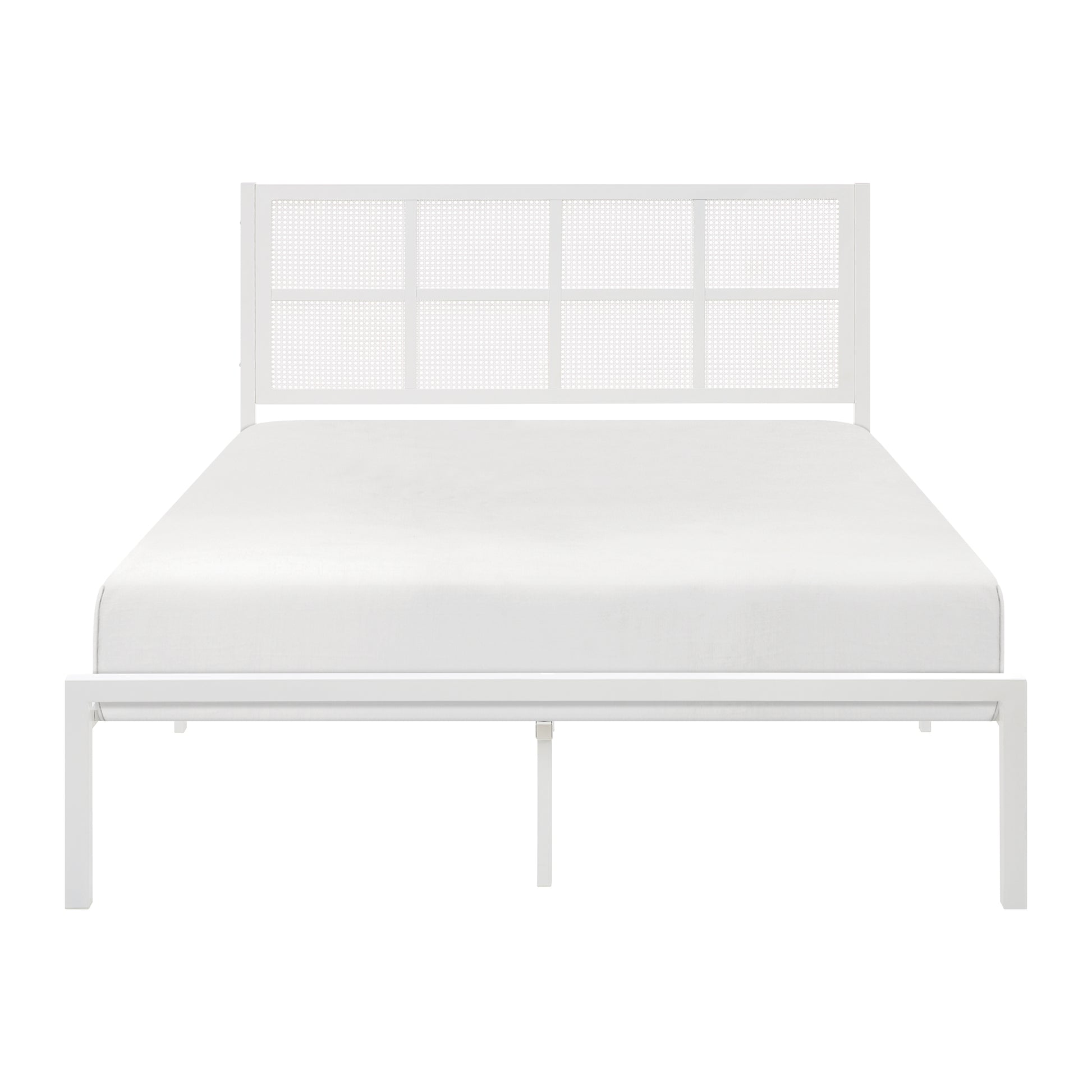 1Pc Eastern King Platform Bed, Metal Frame White Finish Faux Cane Panel Headboard Casual Coastal Bedroom Furniture, Bed In A Box Box Spring Not Required King White Metal Bedroom Casual,Coastal Metal