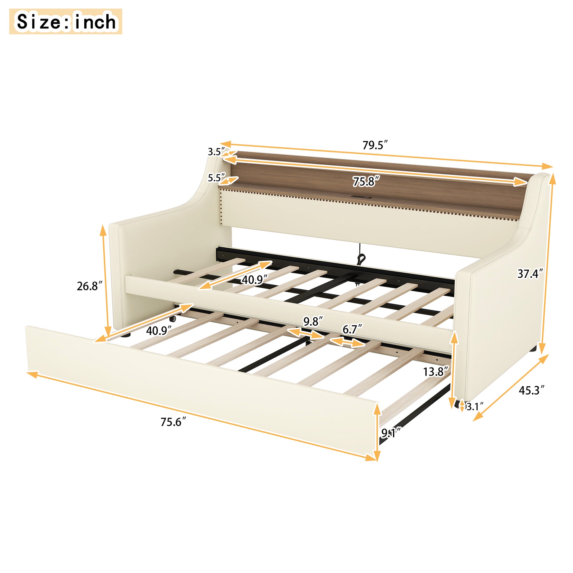 Twin Size Daybed With Trundle, Upholstered Daybed With Charging Station And Led Lights, White Twin White Pu Leather