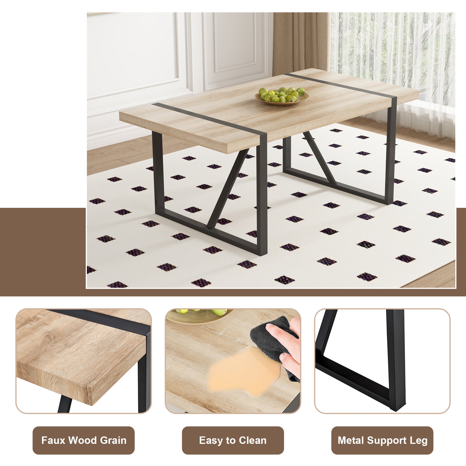 Table And Chair Set, Textured Top In Vintage Wood Color, Black Metal Legs. Dining Chair With White Faux Leather Backrest Cushion With Black Metal Legs. Wood Seats 8 Mdf Metal