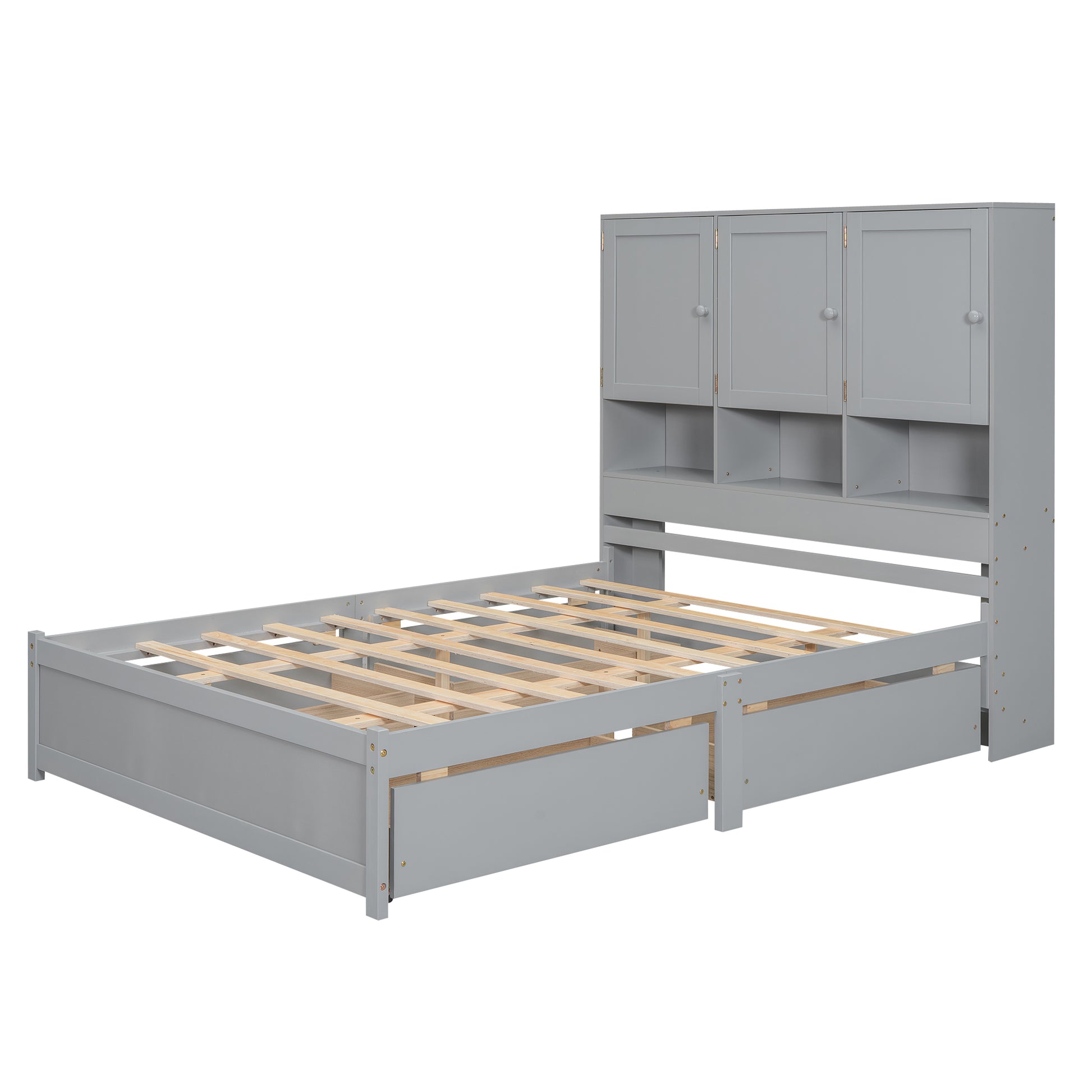 Queen Size Platform Bed With Storage Headboard And 4 Drawers, Gray Box Spring Not Required Queen Gray Wood Bedroom Bed Frame Solid Wood Mdf
