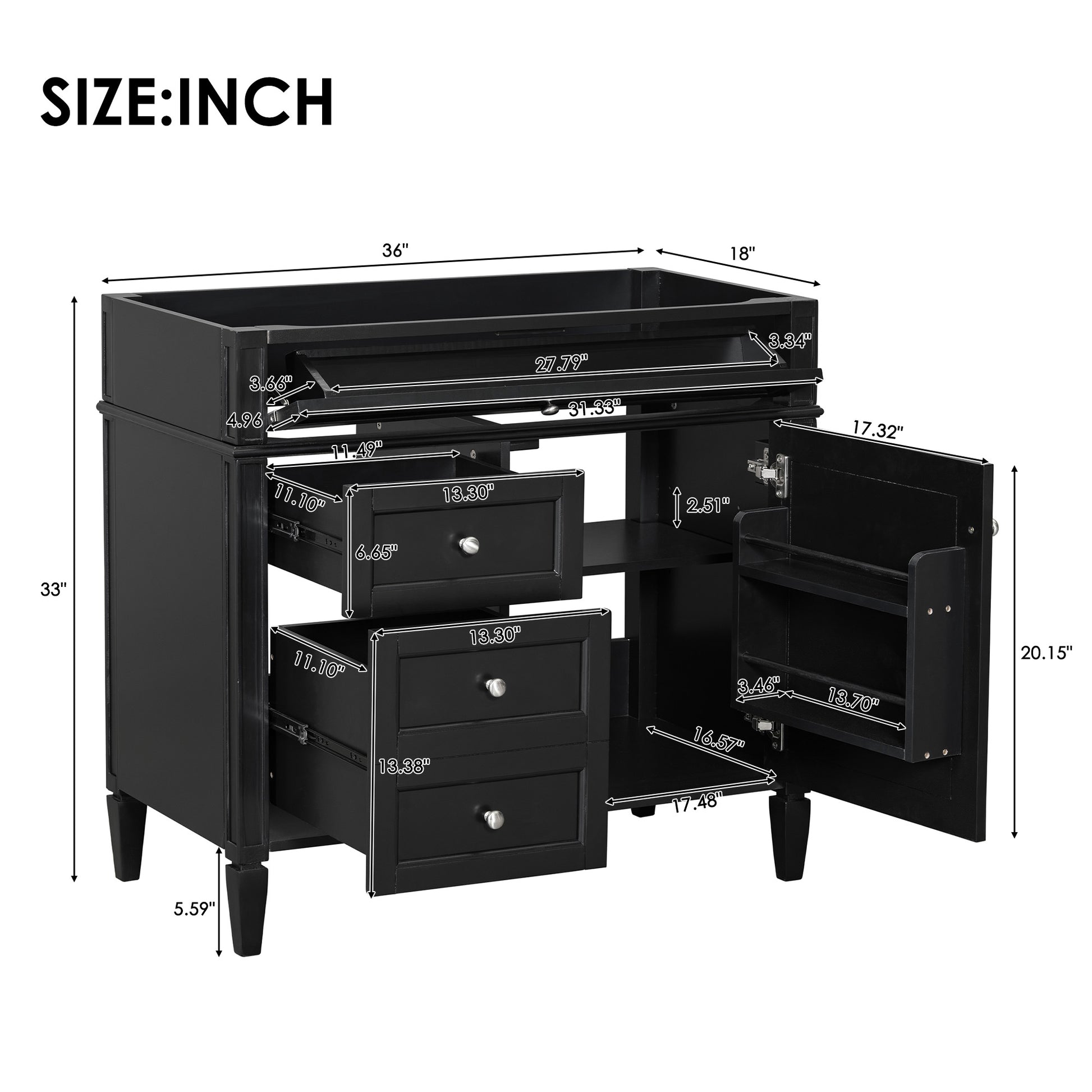 36'' Bathroom Vanity Without Top Sink, Modern Bathroom Storage Cabinet With 2 Drawers And A Tip Out Drawer, Solid Wood Frame Not Include Basin Sink Black Solid Wood Mdf