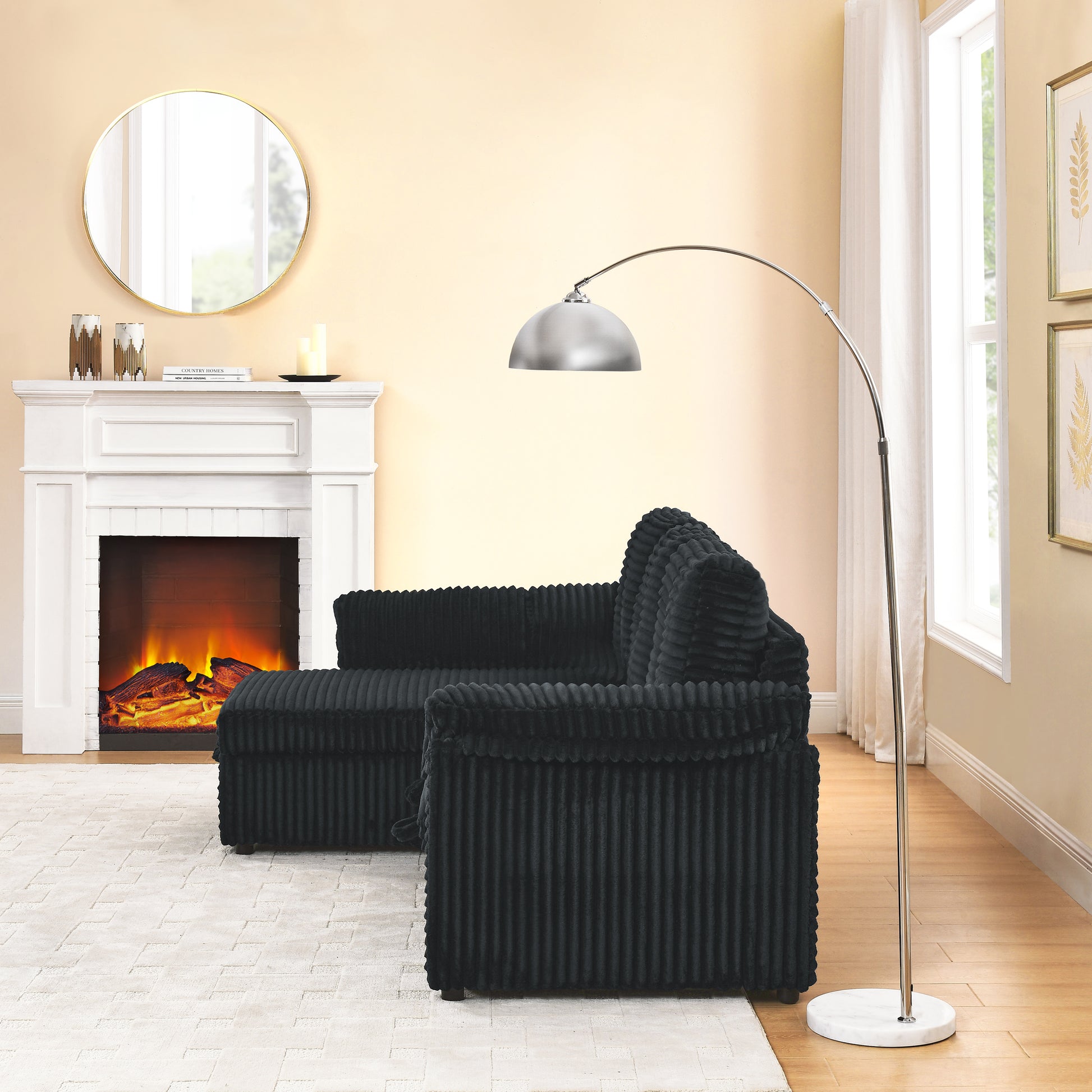 Corduroy Tufted Upholstered Sleeper Sectional Sofa, L Shaped Modular Convertible Sofa With Reversible Storage Chaise, Pull Out Sleep Couch Bed And Reclining Backrest Perfect For Living Space, Black Full Black Corduroy