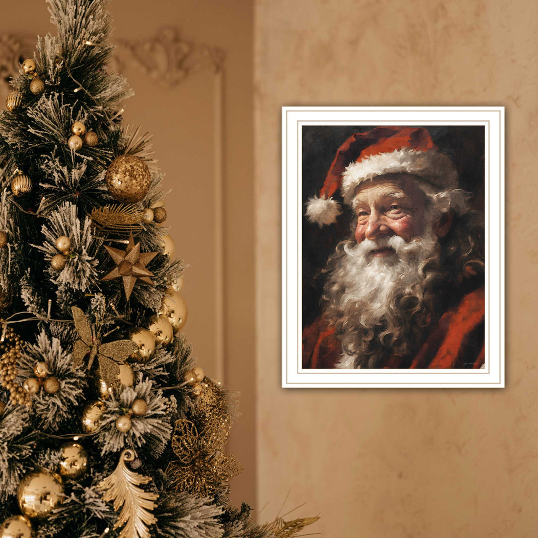 Papa Noel White Framed Wall Art For Living Room, Holiday Wall Art Print For Home Decor, Bedroom Wall Art By Jo Moulton Multicolor Wood Paper
