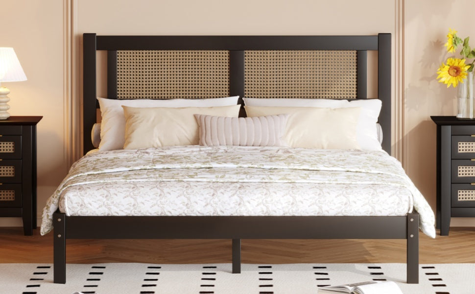 Queen Size Wooden Platform Bed With Natural Rattan Headboard, Exquisite Elegance With Minimalist Charm For Bedroom, Black Black Particle Board