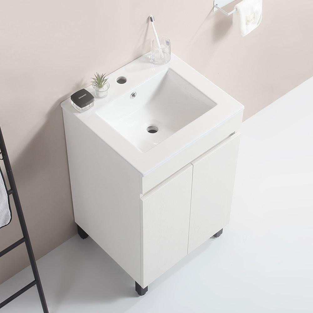 20 "White Bathroom Cabinet Black Tripod With Ceramic Sink White Solid Wood