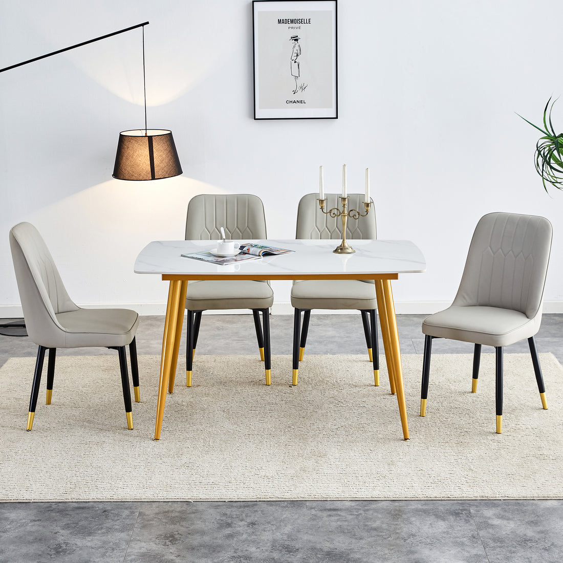Table And Chair Set.A Morden Table With White Imitation Marble Patterned Stone Burning Tabletop With Golden Metal Legs.Paried With 4 Chairs With Pu Leather Backrest And Black Metal Legs. Light Gray,White Gold Seats 4 Metal,Sintered Stone