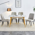 Table And Chair Set.A Morden Table With White Imitation Marble Patterned Stone Burning Tabletop With Golden Metal Legs.Paried With 4 Chairs With Pu Leather Backrest And Black Metal Legs. Light Gray,White Gold Seats 4 Metal,Sintered Stone