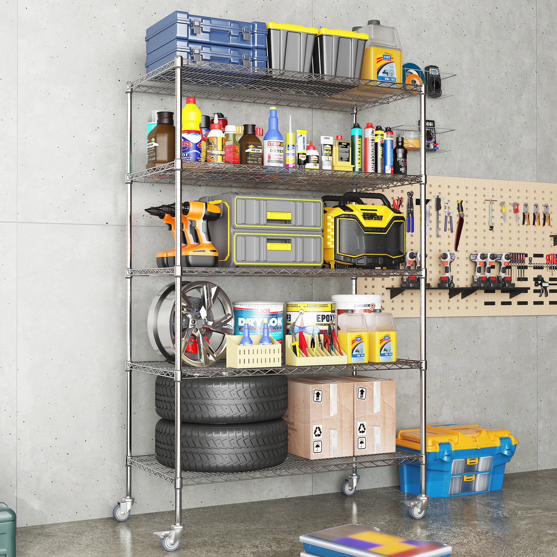 72" H Metal Large Storage Shelves With Wheels, Metal Shelving With Chrome, Adjustable 5 Tier Sturdy Metal Shelves For Storage Shelving,Kitchen,Garage 5 Silver Primary Living Space Metal Modern