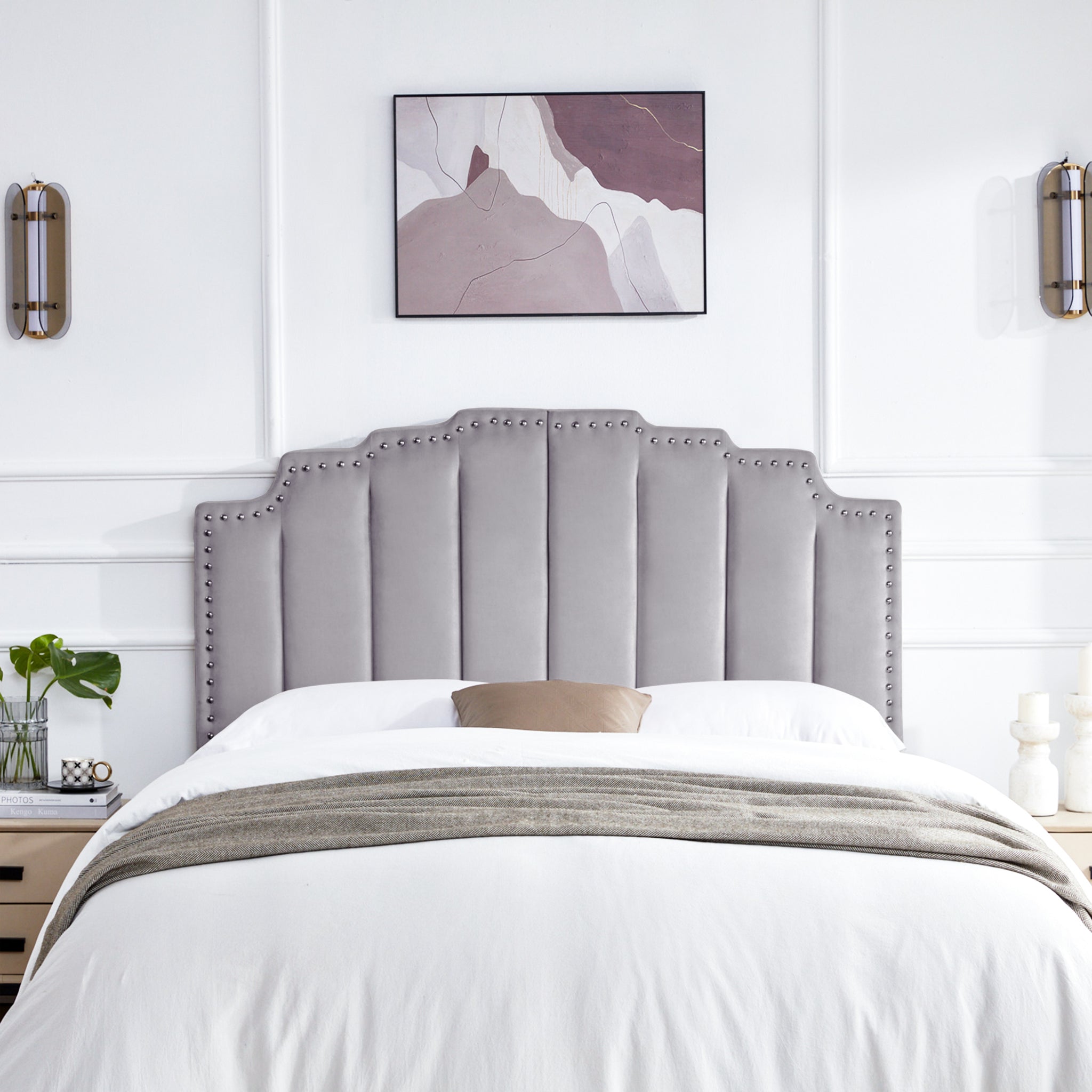 Mid Century Headboard For Queen Size Bed, Velvet Upholstered Tufted Bed Headboard With Decor, Adjustable Curved Solid Wood Head Board Vertical Channel Design Medium Grey Queen Grey Bedroom Modern Rubberwood Bed Frame Velvet Rubber Wood