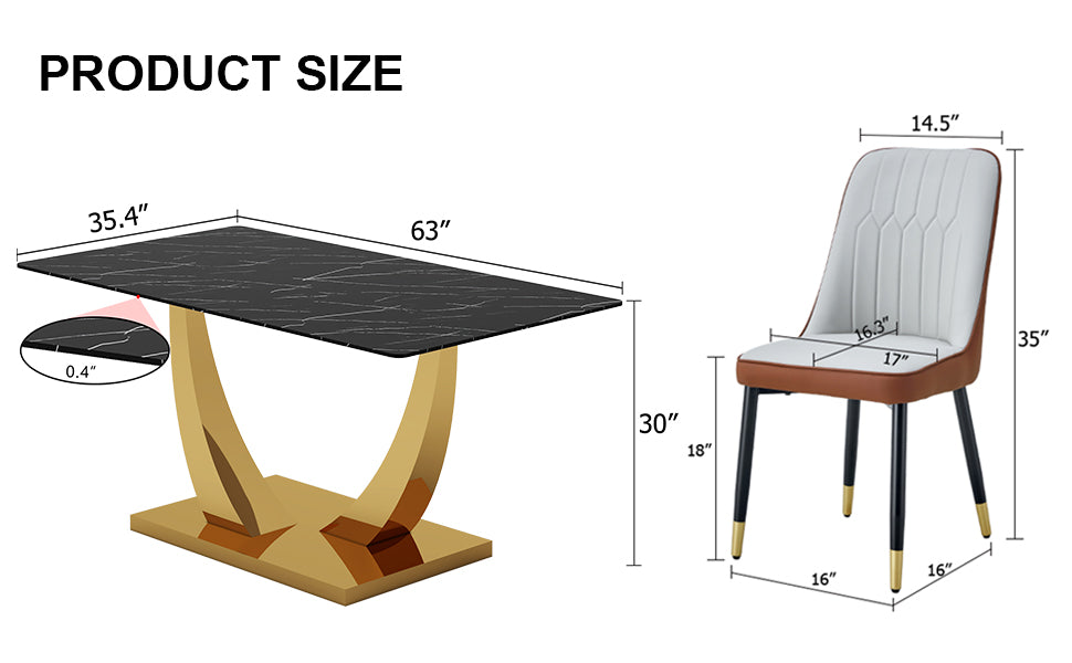 Table And Chair Set.Modern Rectangular Dining Table With Black Textured Stickers Glass Tabletop And Gold Plated Metal Legs.Paried With 4 Comfortable Chairs With Pu Seats And Black Metal Legs. Black Gold,Brown,Light Gray Seats 4 Glass Metal